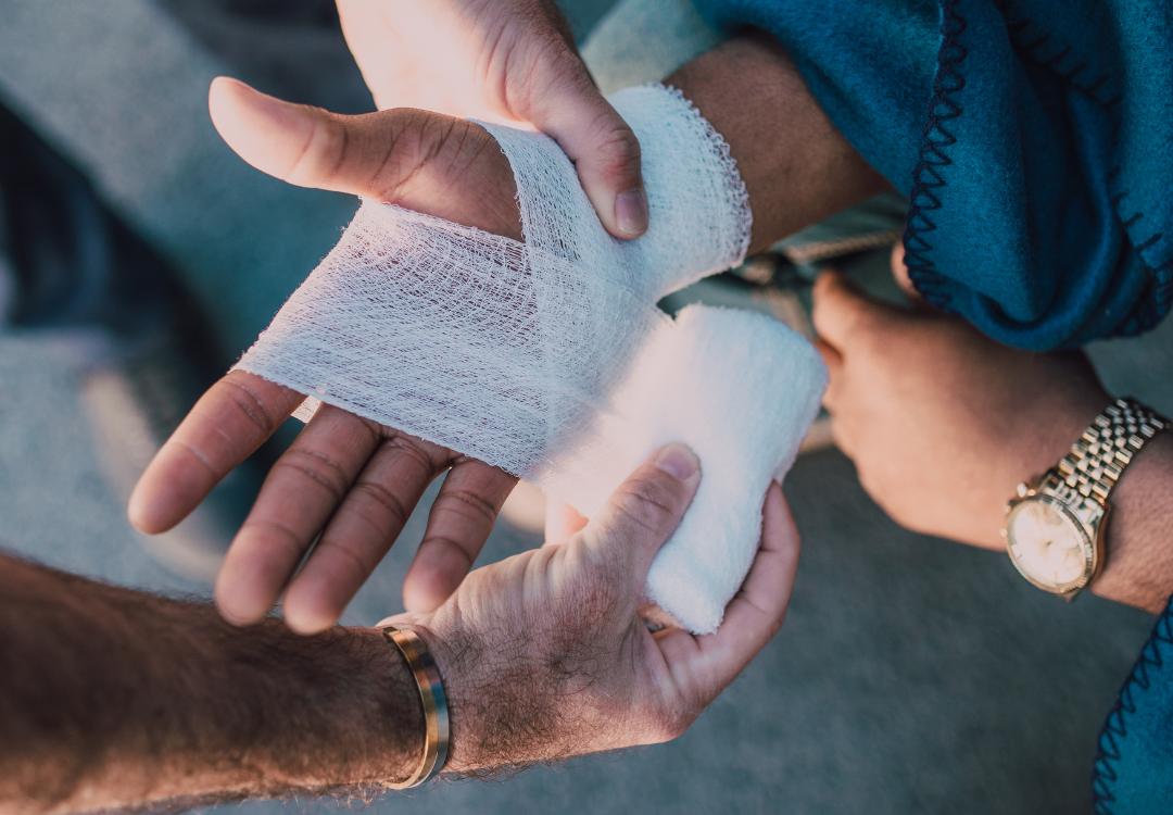 Hand injury getting bandaged