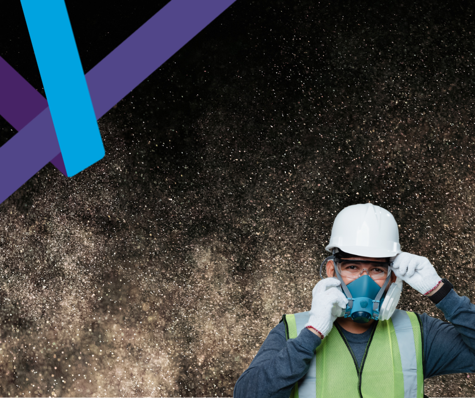 Image of dust and a man wearing correctly fitting RPE and PPE